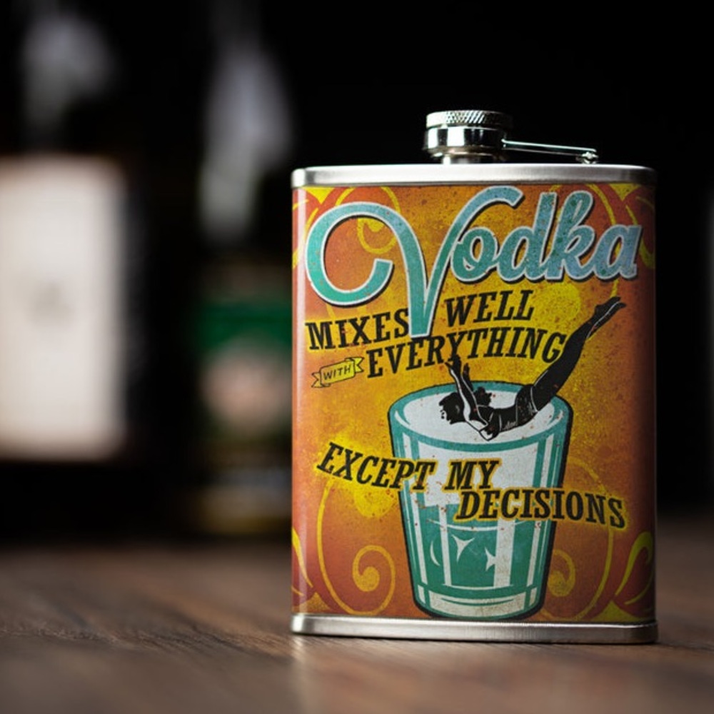 🌸 New American Art Decor Vodka Mixes Well With Everything Liquor Flask, 8 ozs